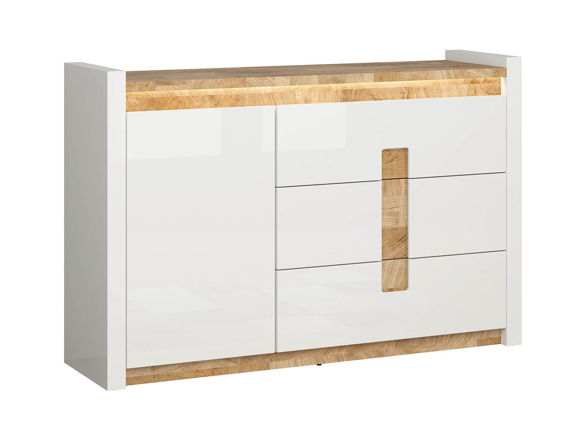 Alameda Chest of Drawers – 3 Drawers, 1 Door & LED Under-Top Lighting | White Gloss / Westminster Oak | 147×96.5 cm