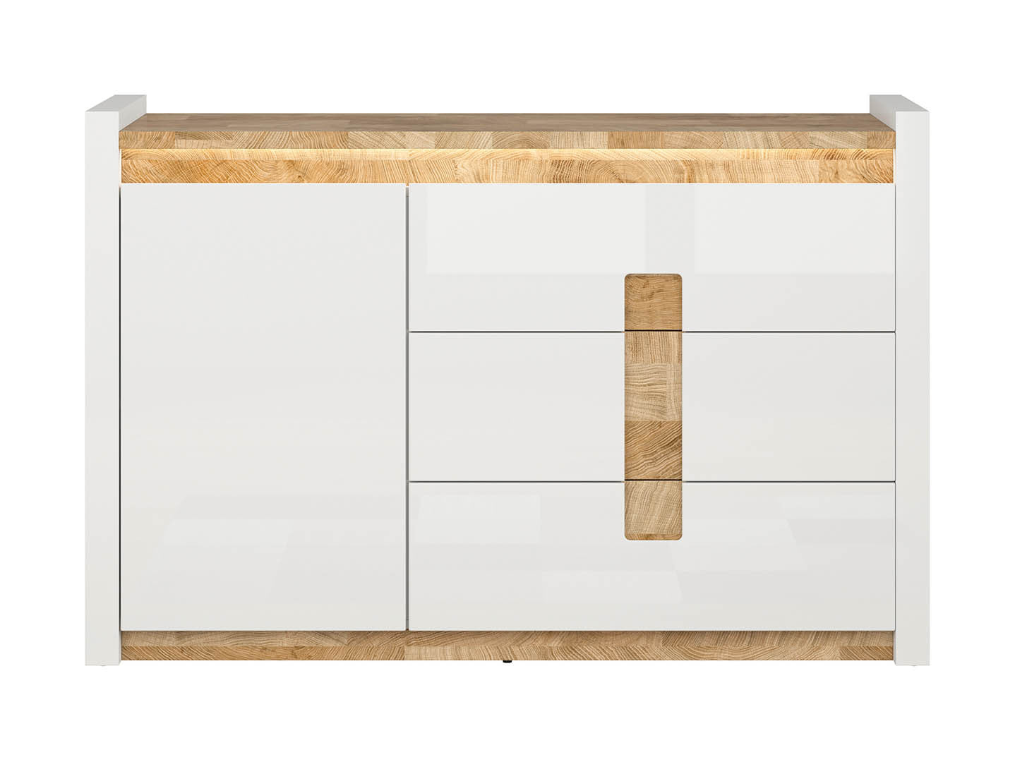 Alameda Chest of Drawers – 3 Drawers, 1 Door & LED Under-Top Lighting | White Gloss / Westminster Oak | 147×96.5 cm