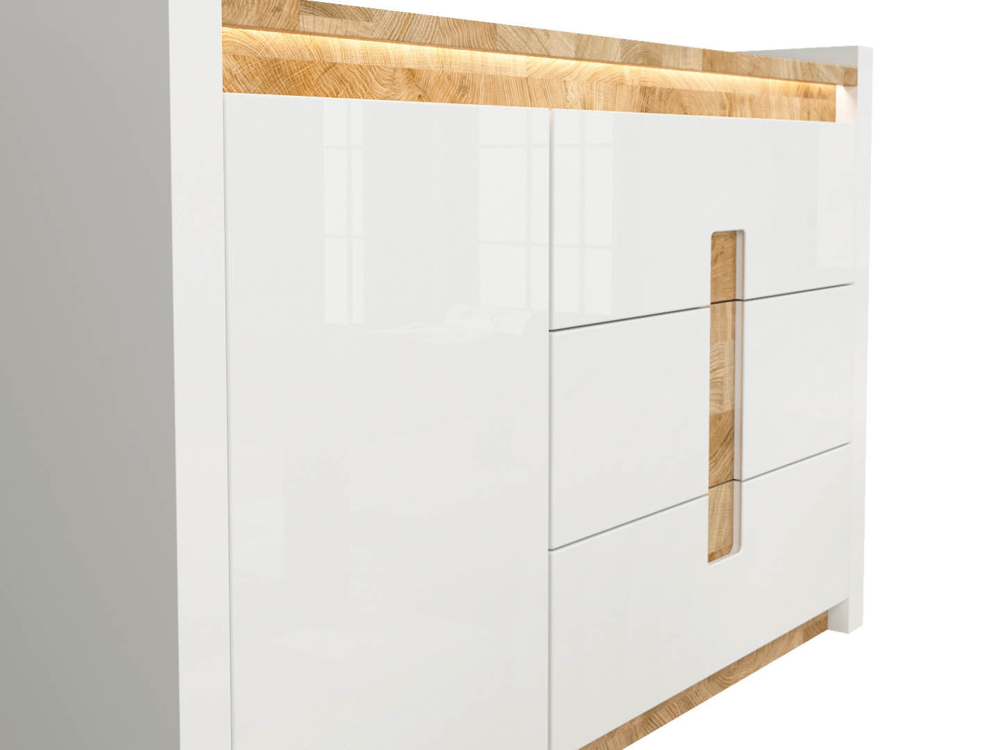 Alameda Chest of Drawers – 3 Drawers, 1 Door & LED Under-Top Lighting | White Gloss / Westminster Oak | 147×96.5 cm