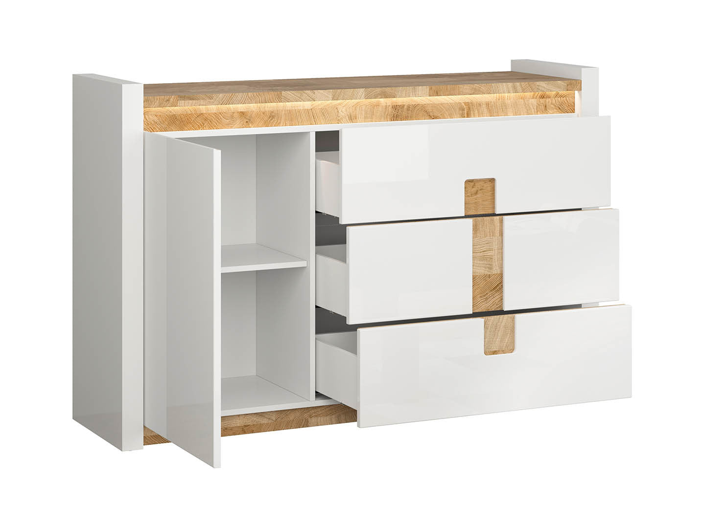 Alameda Chest of Drawers – 3 Drawers, 1 Door & LED Under-Top Lighting | White Gloss / Westminster Oak | 147×96.5 cm