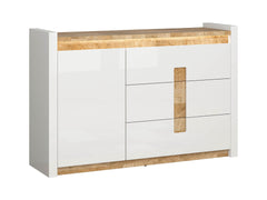 Alameda Chest of Drawers – 3 Drawers, 1 Door & LED Under-Top Lighting | White Gloss / Westminster Oak | 147×96.5 cm