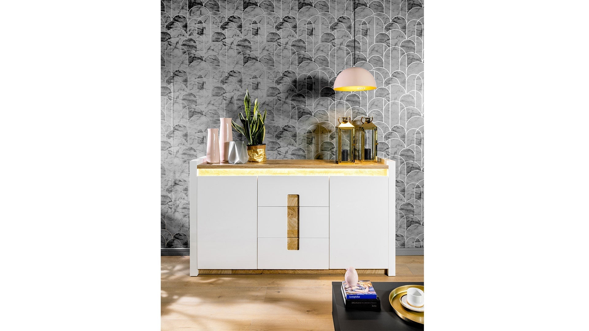 Alameda — Large Chest of Drawers | 172 cm | 3 Drawers & 2 Doors | White Gloss & Westminster Oak