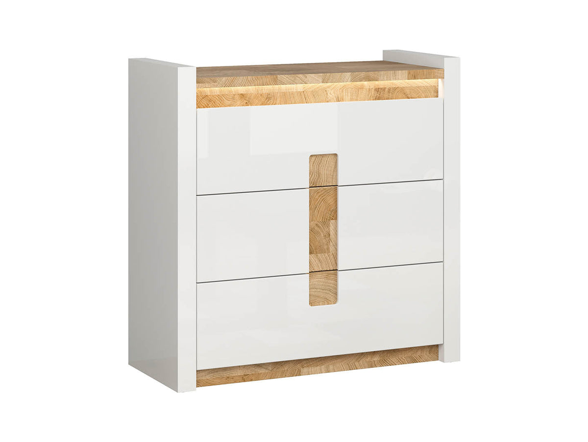 Alameda Chest of Drawers 97 cm – 3 Drawers with LED Under-Top Lighting & Wood-Grain Decor | White Gloss / Westminster Oak