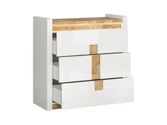Alameda Chest of Drawers 97 cm – 3 Drawers with LED Under-Top Lighting & Wood-Grain Decor | White Gloss / Westminster Oak