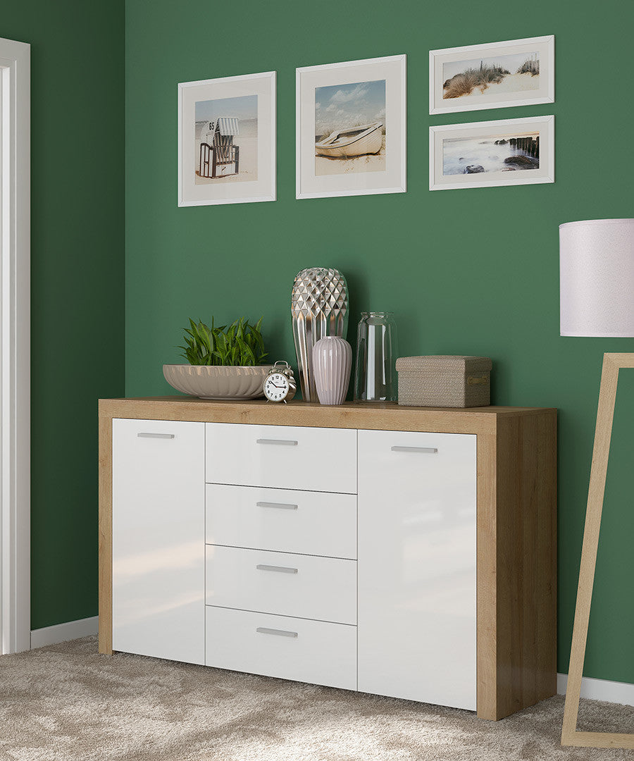Balder Chest of Drawers 155cm — 2 Cabinets, 4 Drawers, Bold Frame Strips & Simple Handles, Riviera Oak & White Gloss