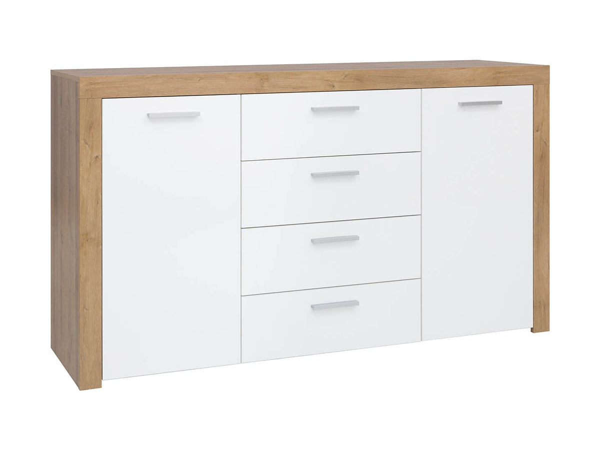 Balder Chest of Drawers 155cm — 2 Cabinets, 4 Drawers, Bold Frame Strips & Simple Handles, Riviera Oak & White Gloss