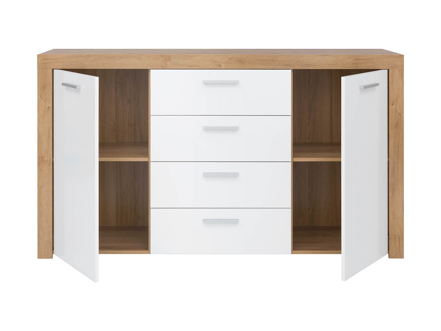 Balder Chest of Drawers 155cm — 2 Cabinets, 4 Drawers, Bold Frame Strips & Simple Handles, Riviera Oak & White Gloss