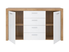 Balder Chest of Drawers 155cm — 2 Cabinets, 4 Drawers, Bold Frame Strips & Simple Handles, Riviera Oak & White Gloss