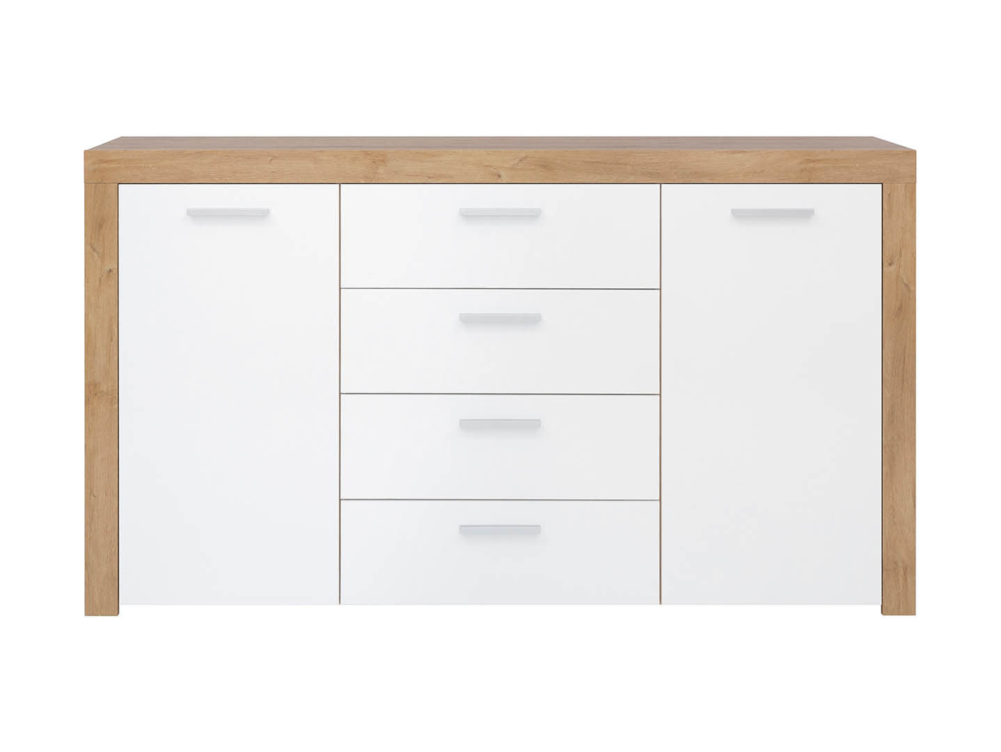 Balder Chest of Drawers 155cm — 2 Cabinets, 4 Drawers, Bold Frame Strips & Simple Handles, Riviera Oak & White Gloss