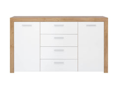 Balder Chest of Drawers 155cm — 2 Cabinets, 4 Drawers, Bold Frame Strips & Simple Handles, Riviera Oak & White Gloss