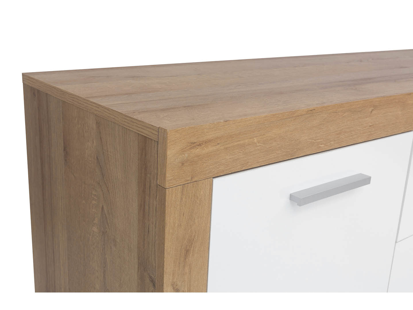 Balder Chest of Drawers 155cm — 2 Cabinets, 4 Drawers, Bold Frame Strips & Simple Handles, Riviera Oak & White Gloss