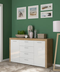 Balder Chest of Drawers 155cm — 2 Cabinets, 4 Drawers, Bold Frame Strips & Simple Handles, Riviera Oak & White Gloss