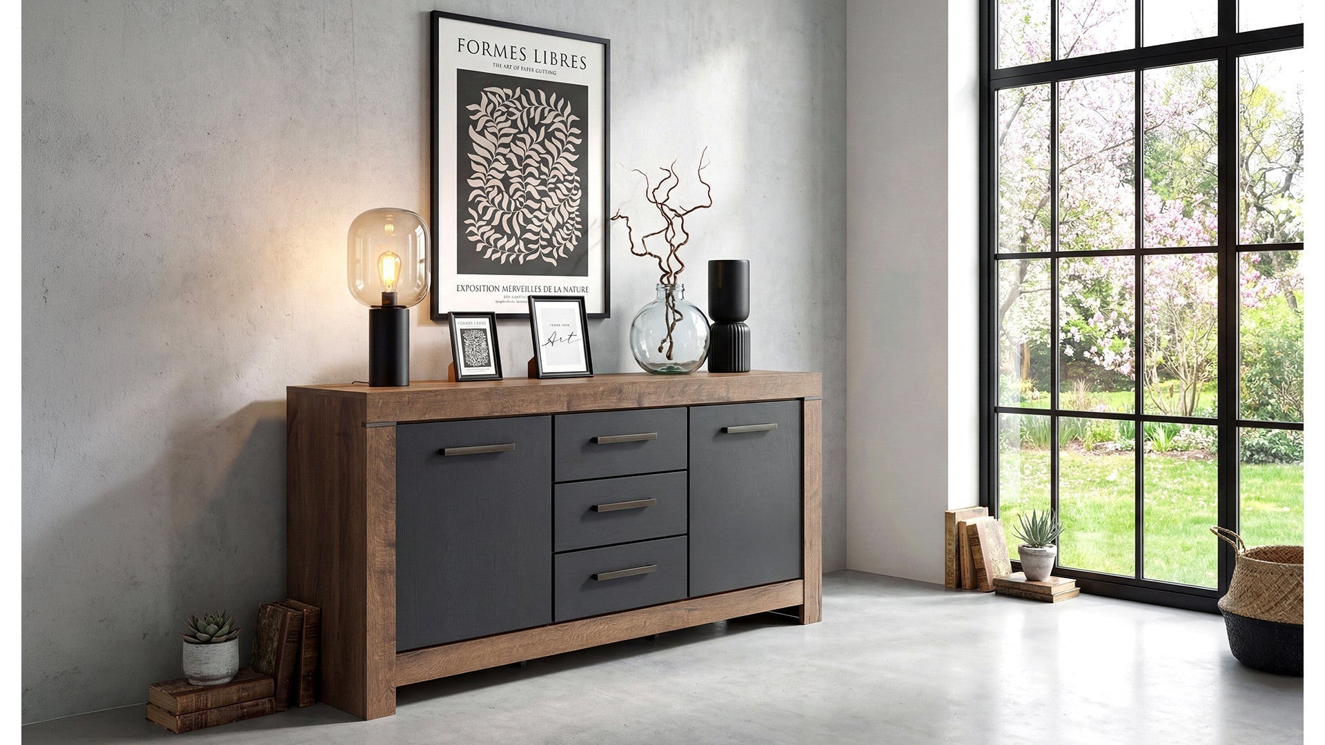 Balin Sideboard 160×85 cm – 2 Doors, 3 Drawers, Soft-Close | Monastery Oak & Black Oak