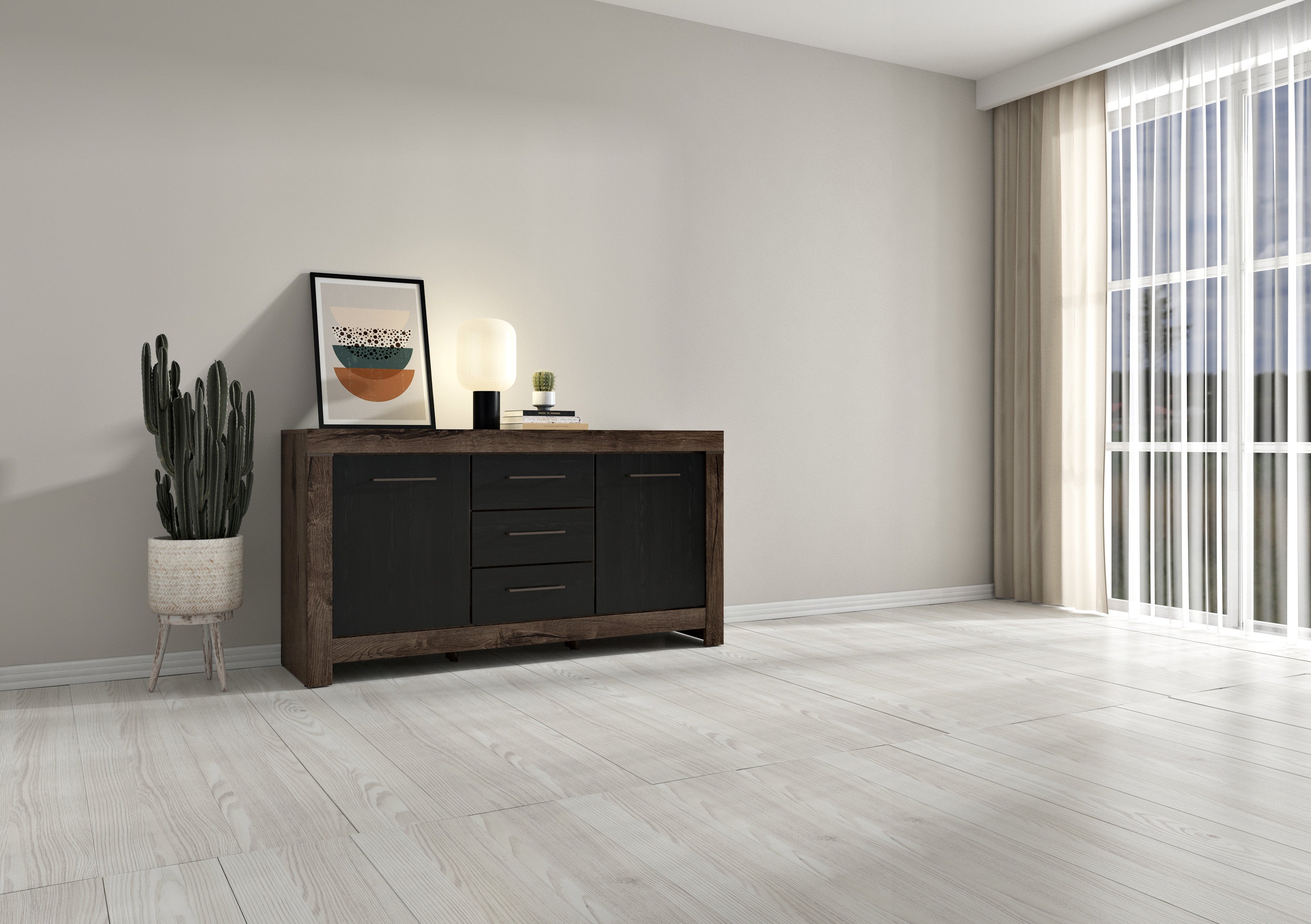Balin Sideboard 160×85 cm – 2 Doors, 3 Drawers, Soft-Close | Monastery Oak & Black Oak