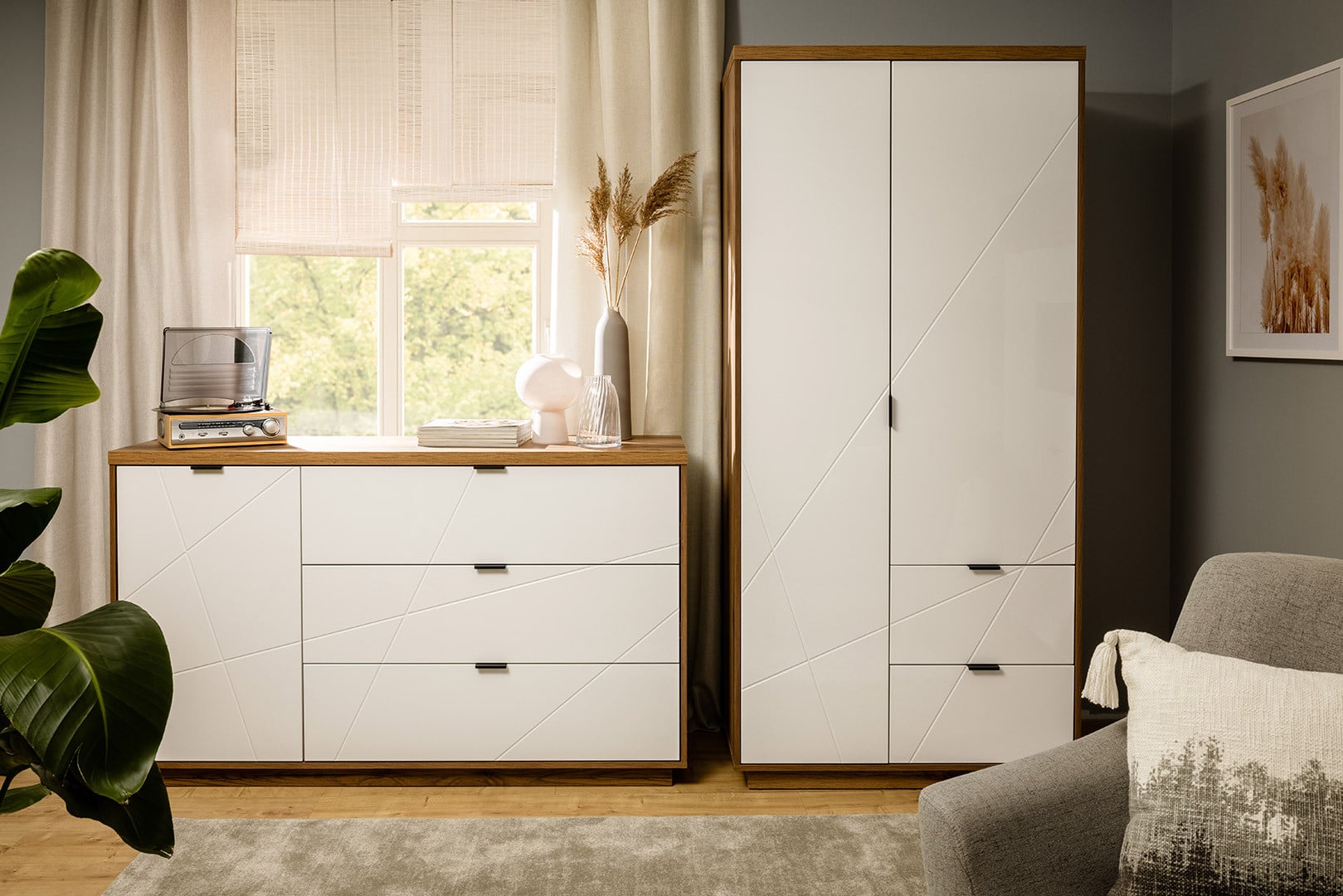 Forn Sideboard | 1 Door, Shelf & 3 Drawers | Dark Delano Oak & White Gloss | 156x93x42.5cm