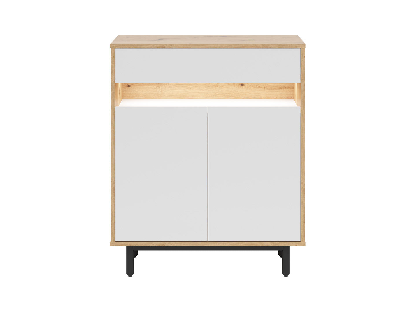 Gap Chest of Drawers 90x108 cm – White & Artisan Oak, 1 Drawer, 4 Shelves, Black Legs