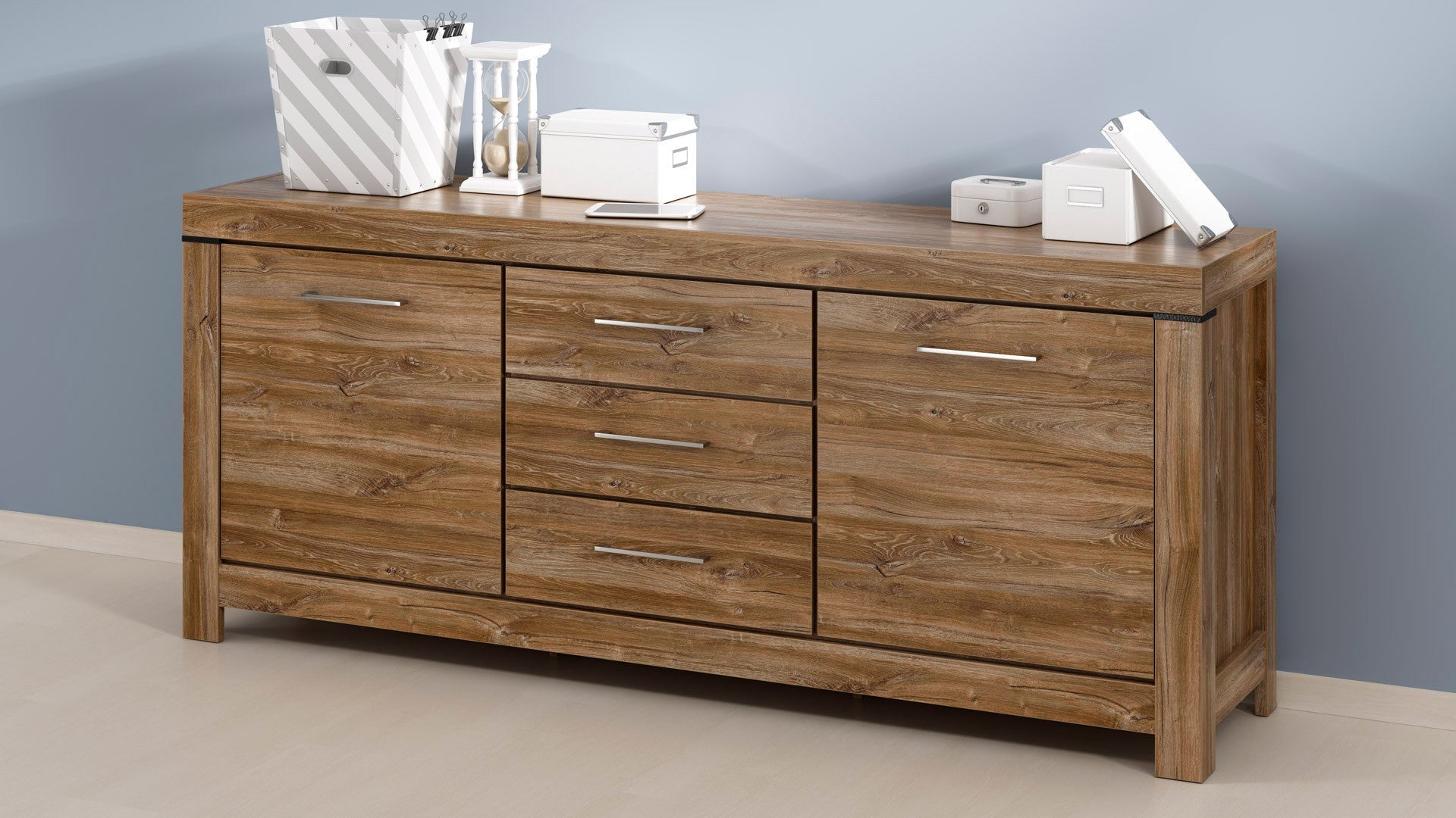 Gent Chest of Drawers | 3 Drawers & 4 Sections | Stirling Oak | 200x85cm | Soft-Close