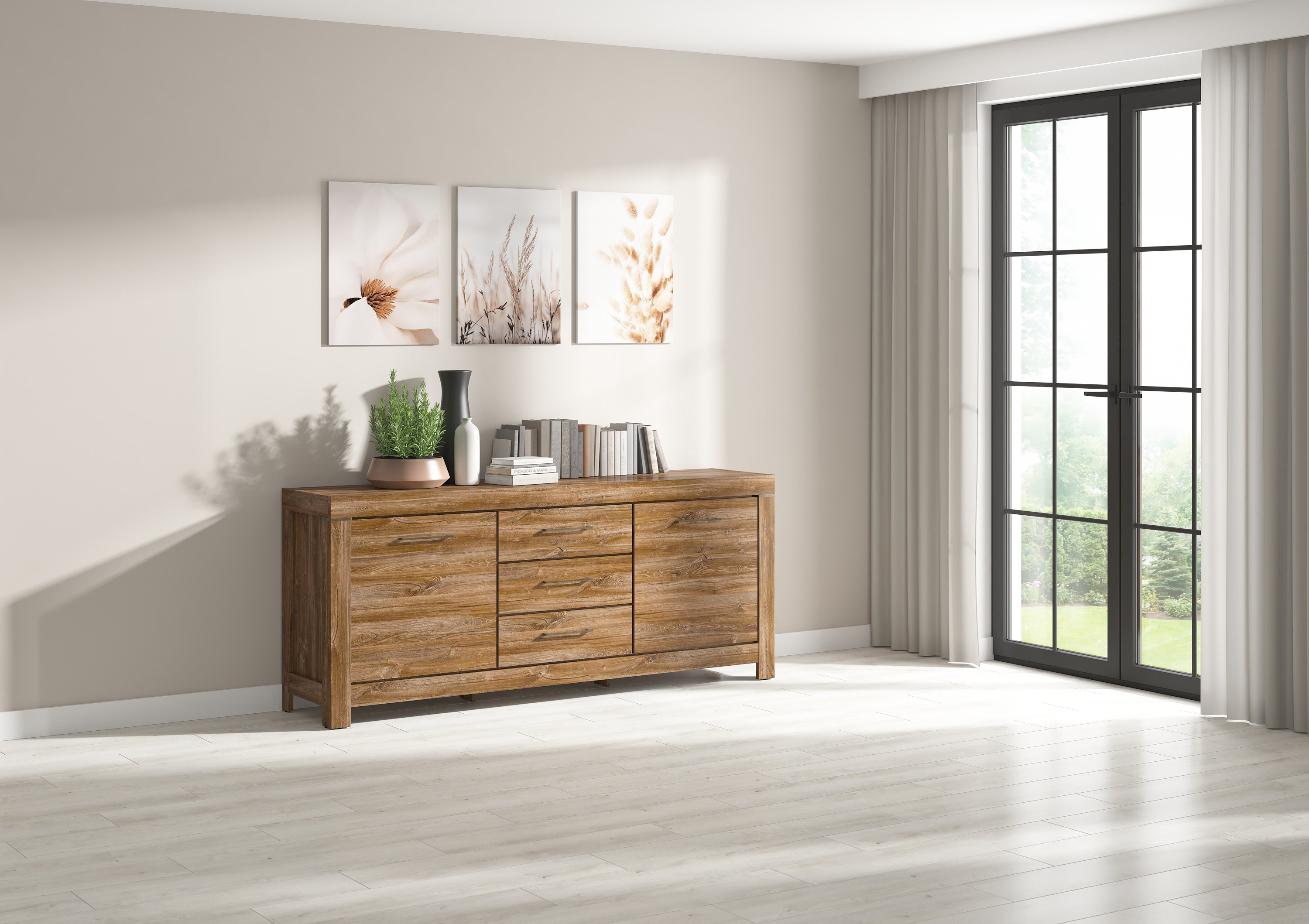 Gent Chest of Drawers | 3 Drawers & 4 Sections | Stirling Oak | 200x85cm | Soft-Close
