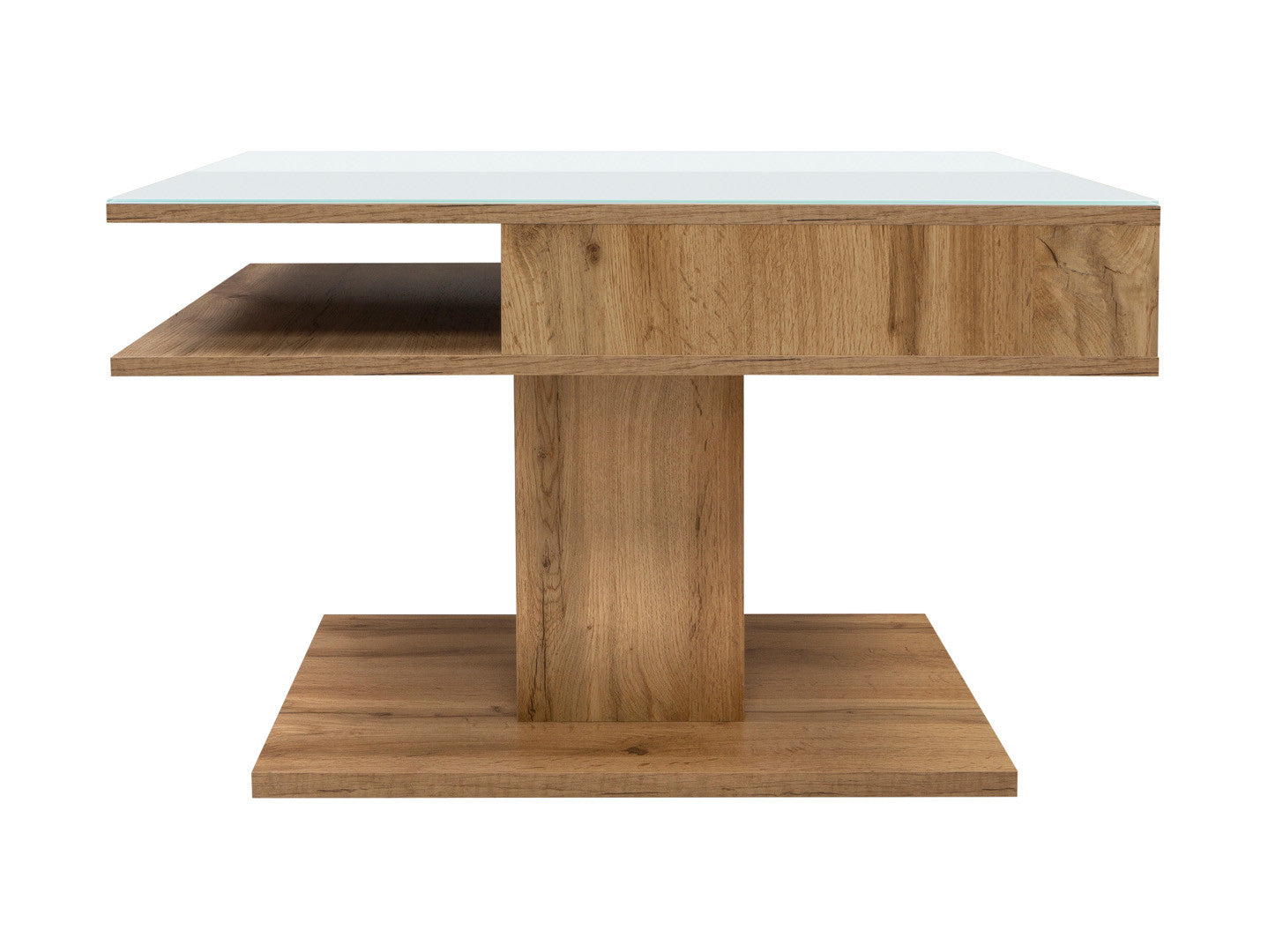 Campo Coffee Table 80×60 cm – Wotan Oak / White Toughened Glass | Open Storage Shelves