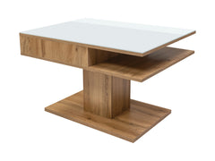 Campo Coffee Table 80×60 cm – Wotan Oak / White Toughened Glass | Open Storage Shelves