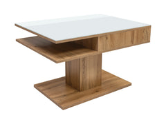 Campo Coffee Table 80×60 cm – Wotan Oak / White Toughened Glass | Open Storage Shelves