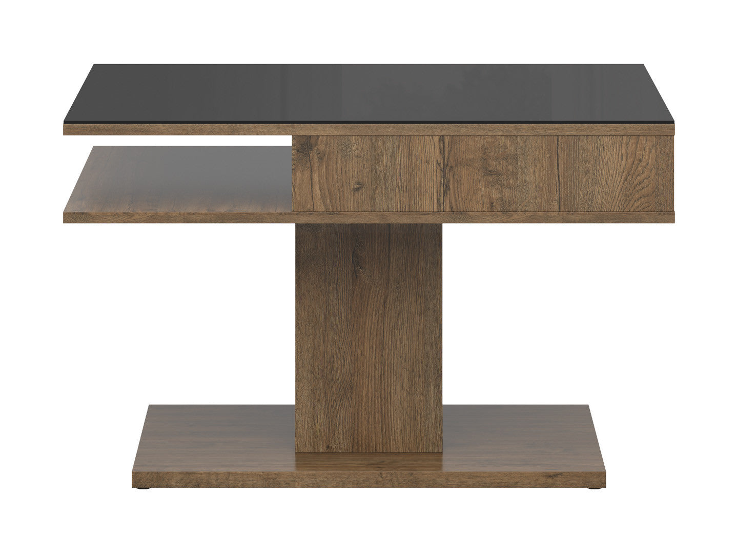 Campo Coffee Table 80×60 cm – Tempered Black Glass Top, Open Storage, Compact | April Oak & Black