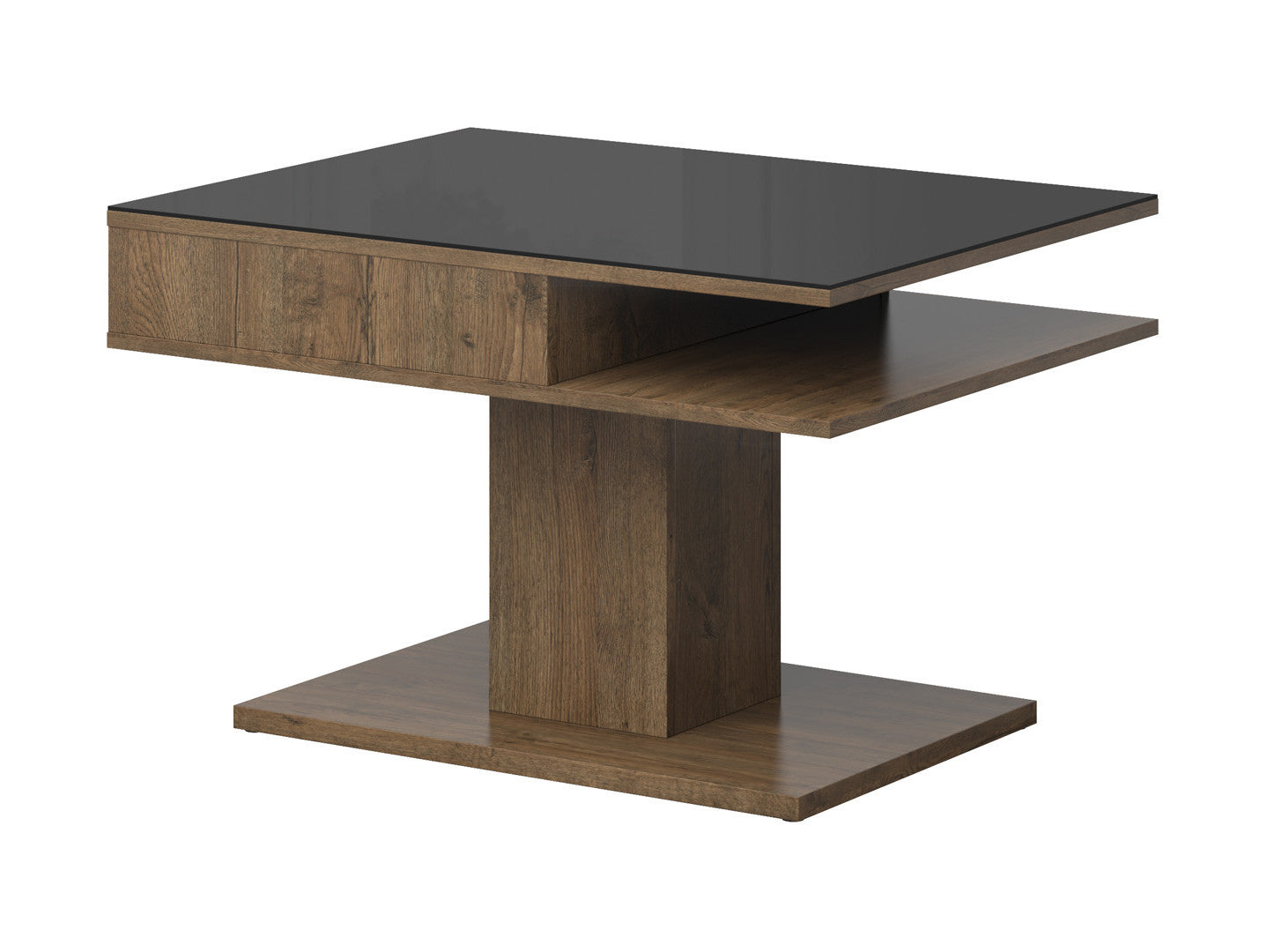 Campo Coffee Table 80×60 cm – Tempered Black Glass Top, Open Storage, Compact | April Oak & Black