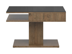 Campo Coffee Table 80×60 cm – Tempered Black Glass Top, Open Storage, Compact | April Oak & Black