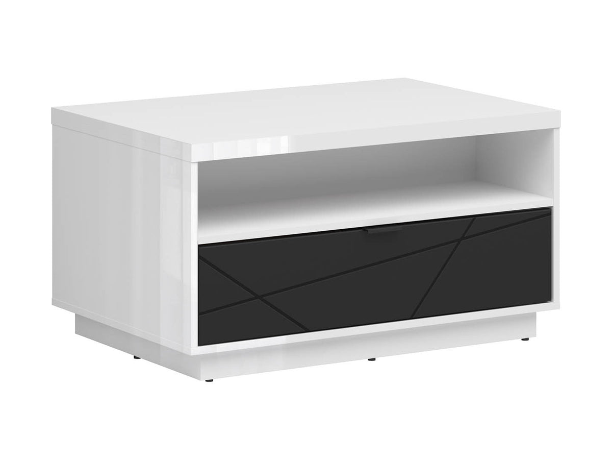 Forn Coffee Table 90 cm – White Gloss & Black Matt, Soft-Close Drawer, Magazine Shelf