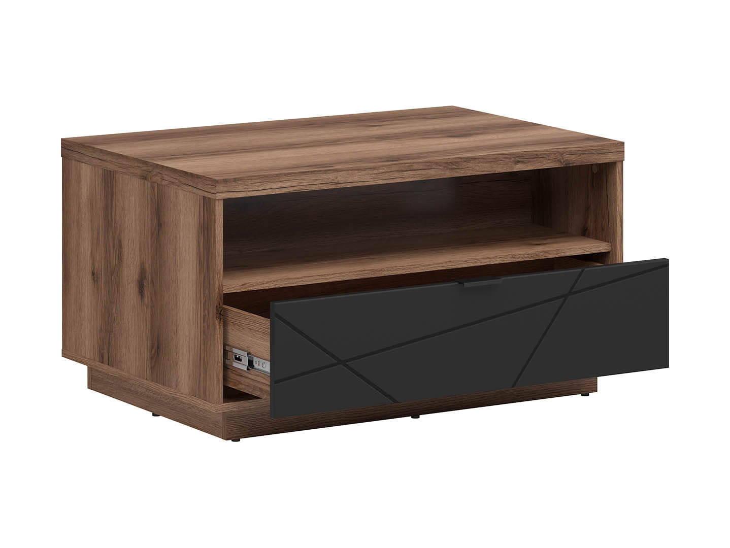 Forn Coffee Table – Dark Delano Oak & Black Matt | Soft-Close Drawer, Grooved Front & Magazine Shelf | 90×60 cm