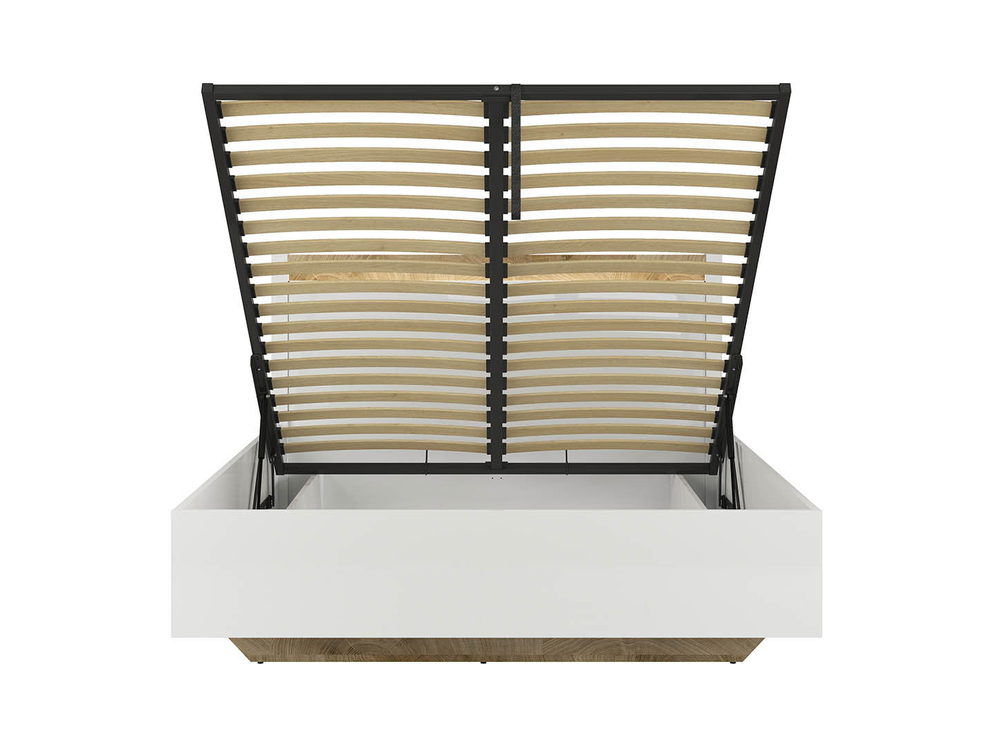 Alameda Bed 140×200 cm with Storage – White Gloss & Westminster Oak | Gas-Lift Bedding Storage | LED Lighting | Trapezoidal Base | Mattress Not Included