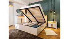 Alameda Bed 140×200 cm with Storage – White Gloss & Westminster Oak | Gas-Lift Bedding Storage | LED Lighting | Trapezoidal Base | Mattress Not Included