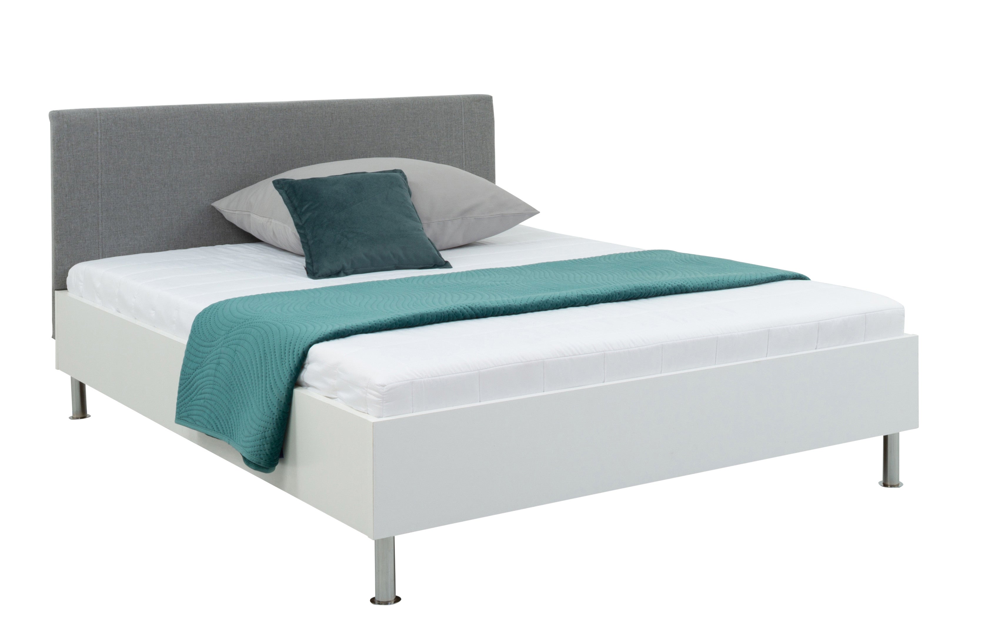 Anton Bed 140x200 cm – White, Upholstered Headboard, Slatted Base & Bonell Spring Mattress
