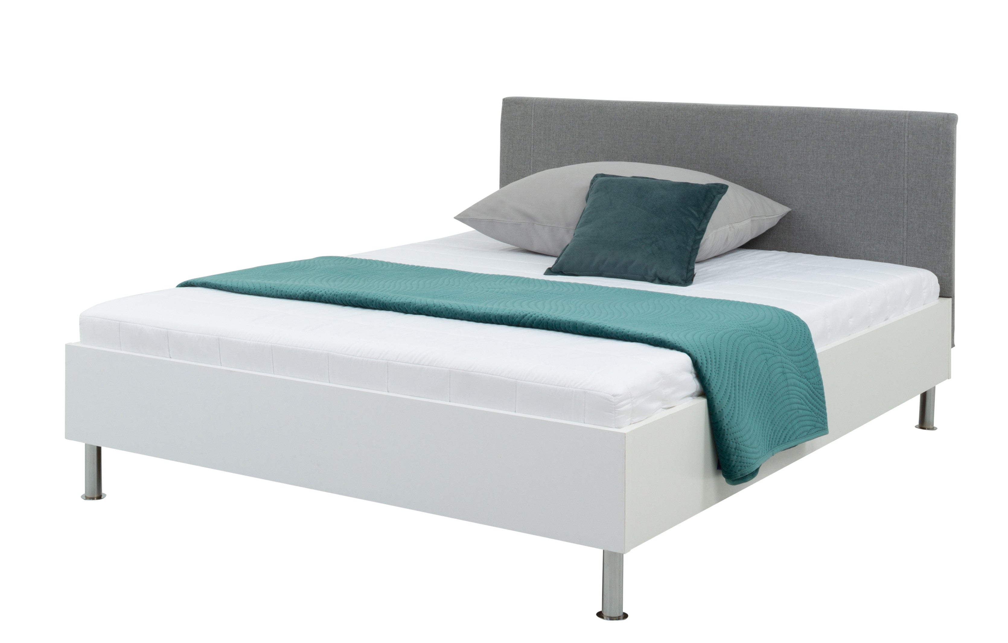 Anton Bed 140x200 cm – White, Upholstered Headboard, Slatted Base & Bonell Spring Mattress