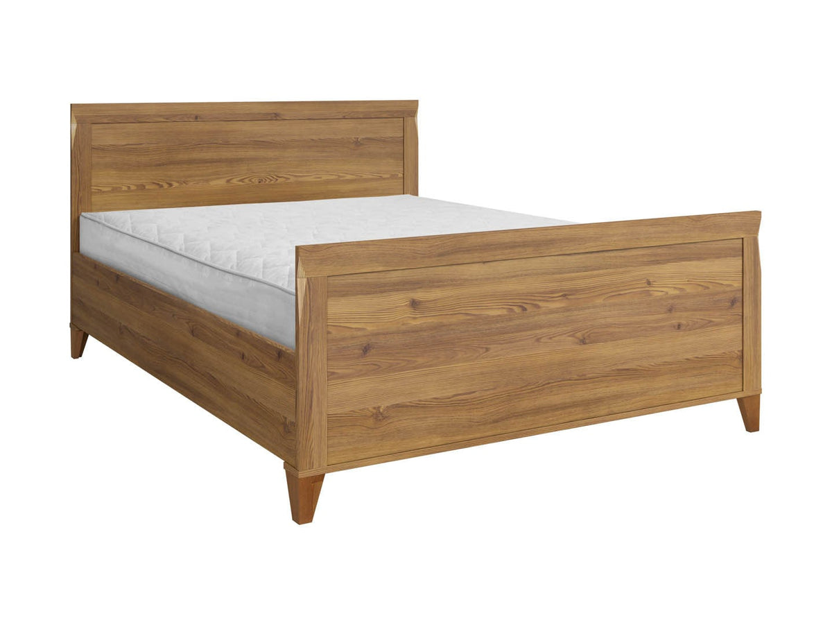 Bergen Bed 140 — Tall Headboard, Geometric Detail & Angled Legs, Golden Sibiu Larch
