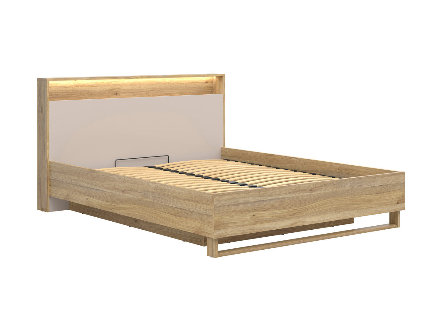 Dalva Bed 160 — Japandi Style, LED Headboard with USB, Gas Lift Storage, Mauvella Oak & Kashmir