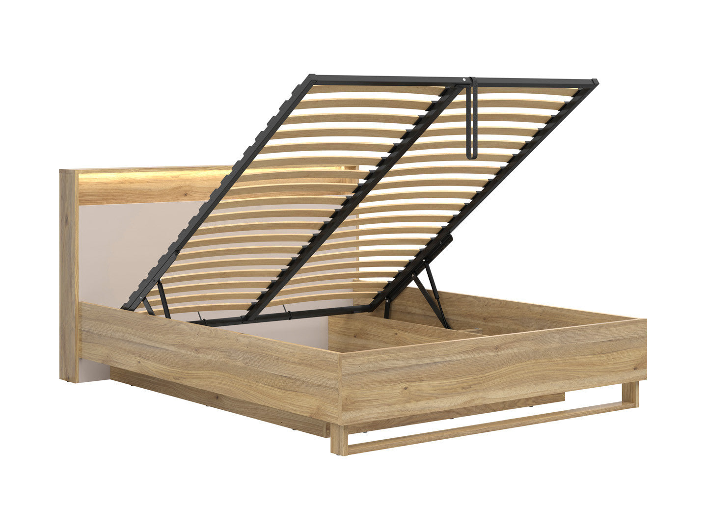Dalva Bed 160 — Japandi Style, LED Headboard with USB, Gas Lift Storage, Mauvella Oak & Kashmir