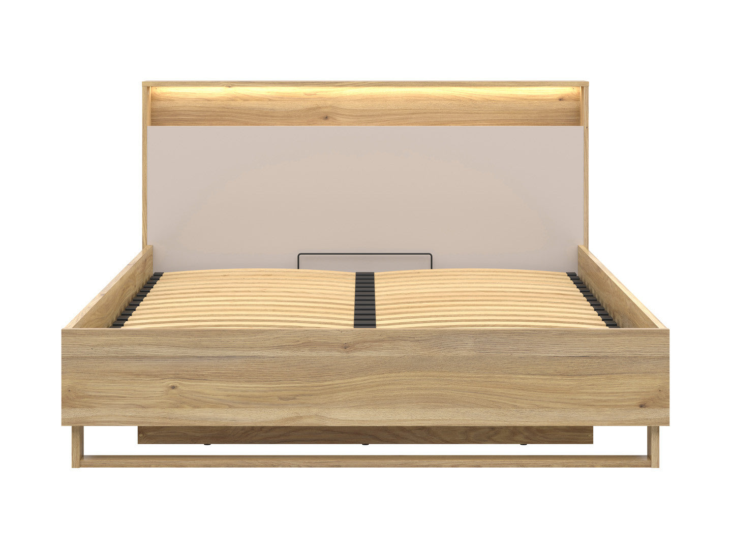 Dalva Bed 160 — Japandi Style, LED Headboard with USB, Gas Lift Storage, Mauvella Oak & Kashmir