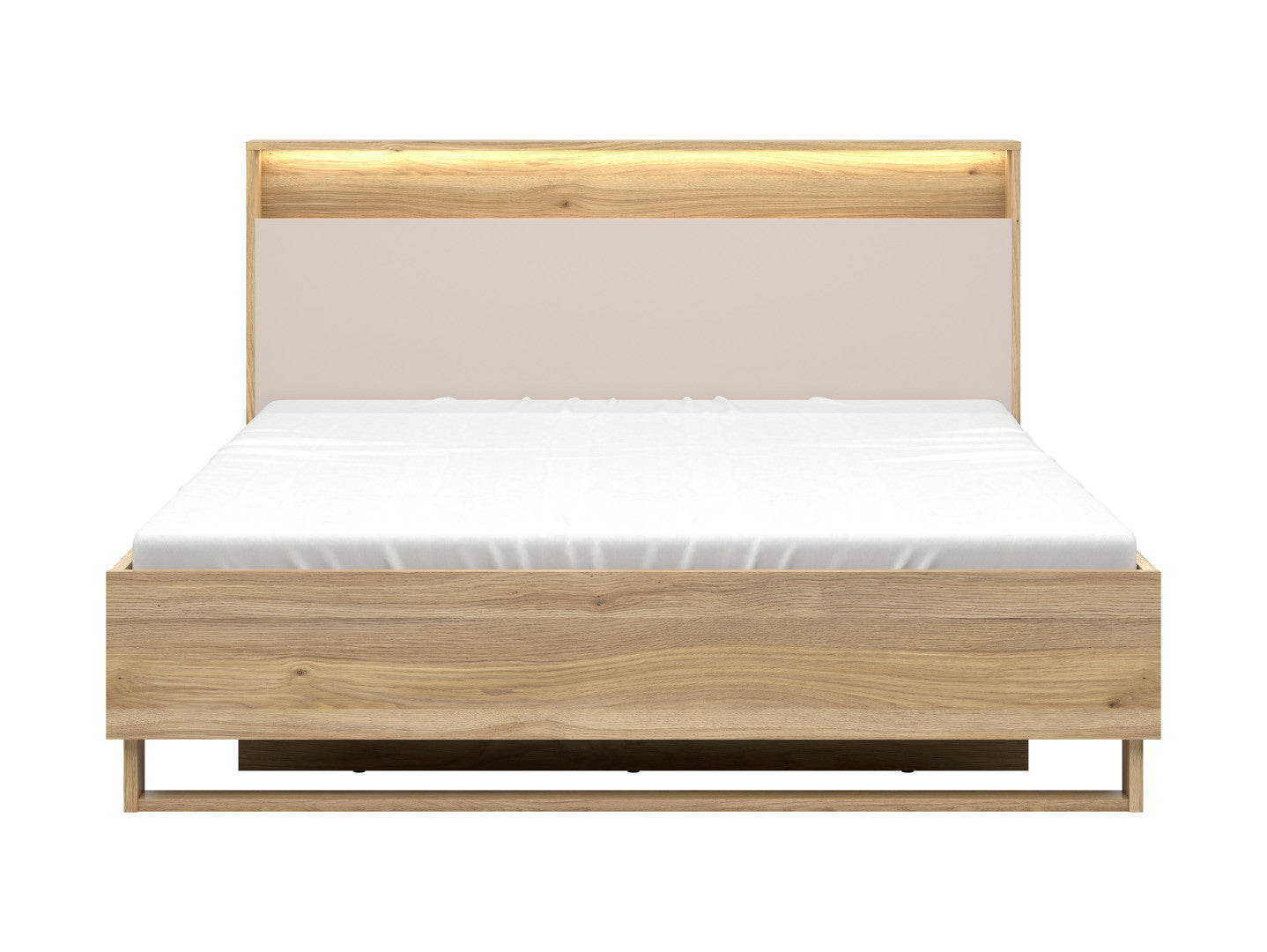 Dalva Bed 160 — Japandi Style, LED Headboard with USB, Gas Lift Storage, Mauvella Oak & Kashmir