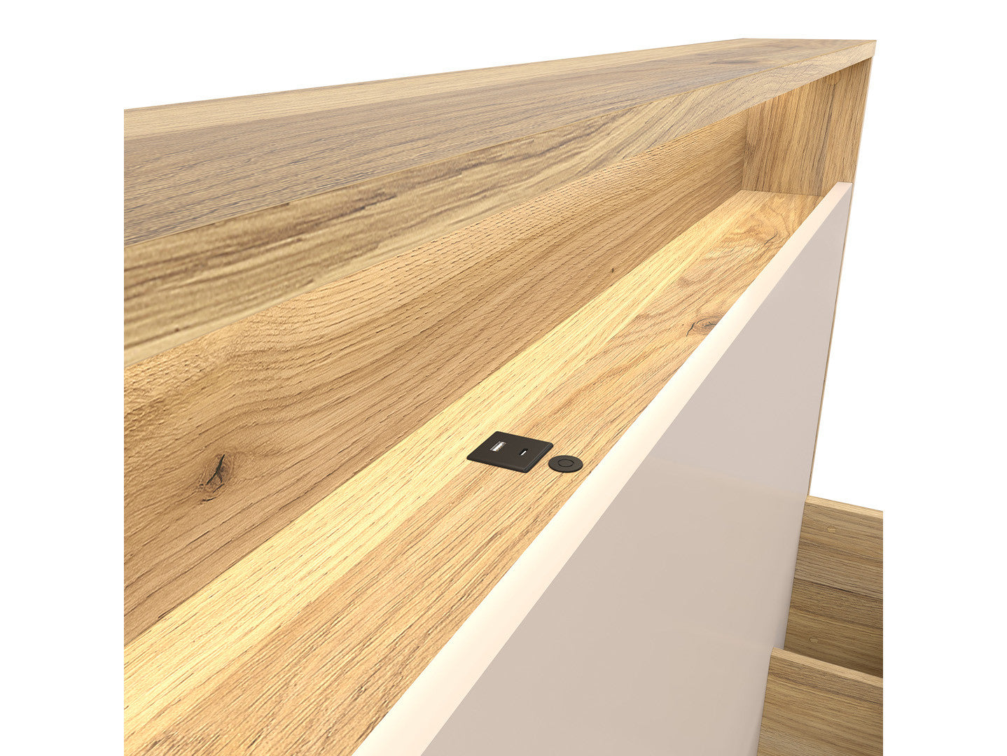 Dalva Bed 160 — Japandi Style, LED Headboard with USB, Gas Lift Storage, Mauvella Oak & Kashmir