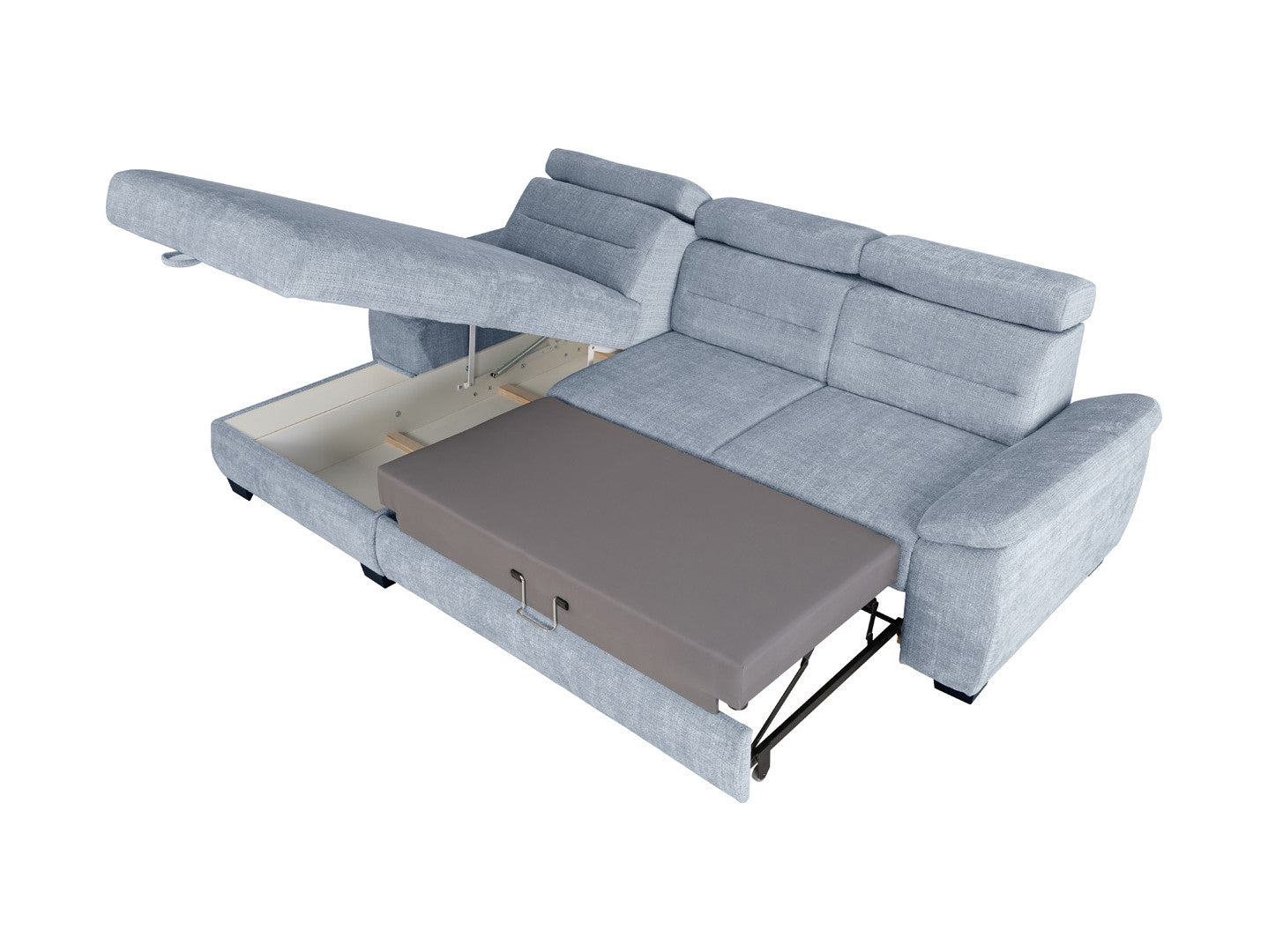 Aguda Corner Sofa Bed | Dolphin Mechanism, 3 Adjustable Headrests & Storage | 269x175cm | 133x210cm Sleep