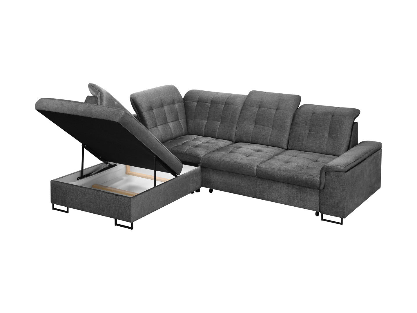 Aragon Corner Sofa Bed 270×230 cm – Adjustable Headrests & Seat, Sleep Function, Bedding Storage