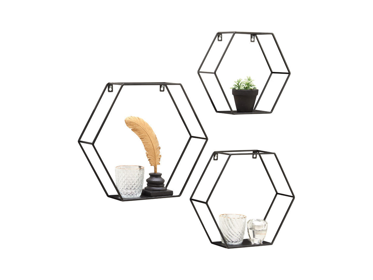 Dana Hexagon Wall Shelves – Set of 3 | Black Metal | Arrange Freely | Loft & Scandi Style