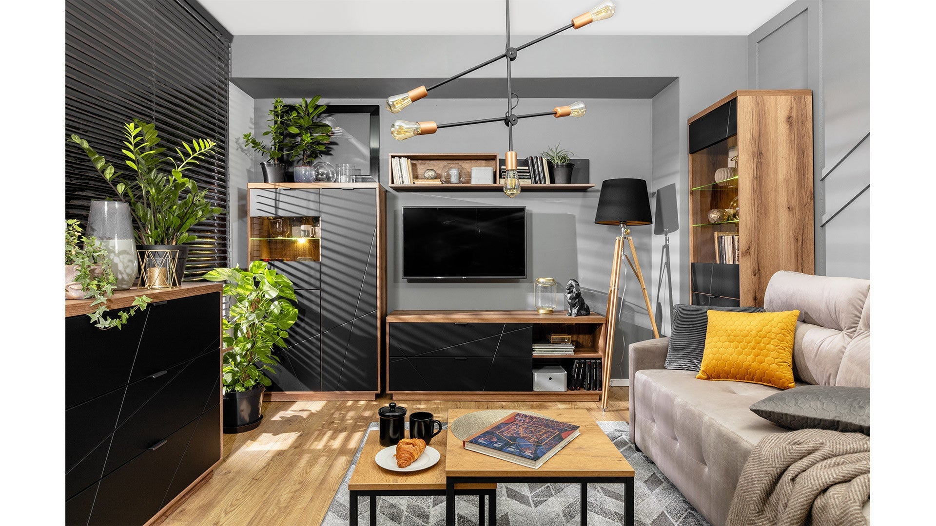 Forn Floating Wall Shelf 156cm — Open & Enclosed Sections, Dark Delano Oak & Black Matt