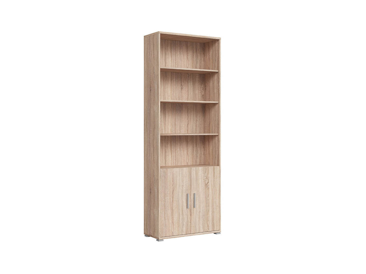 BRW Office Tall Bookcase | 3 Open Shelves, 2 Doors & Enclosed Base | Sonoma Oak | 79x221x35cm