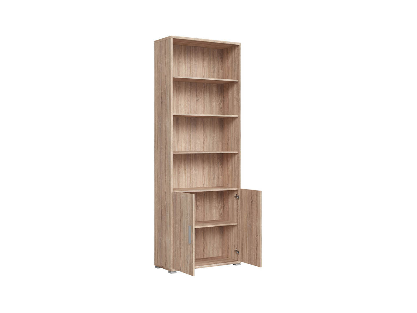 BRW Office Tall Bookcase | 3 Open Shelves, 2 Doors & Enclosed Base | Sonoma Oak | 79x221x35cm