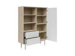 Ema Display Cabinet & Shelving Unit – Jackson Hickory Walnut & Light Grey | Beech Legs | Push-to-Open | 4 Shelves + 3 Open Shelves + 2 Drawers | 105×147×40 cm