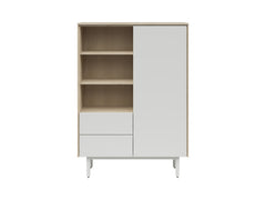 Ema Display Cabinet & Shelving Unit – Jackson Hickory Walnut & Light Grey | Beech Legs | Push-to-Open | 4 Shelves + 3 Open Shelves + 2 Drawers | 105×147×40 cm
