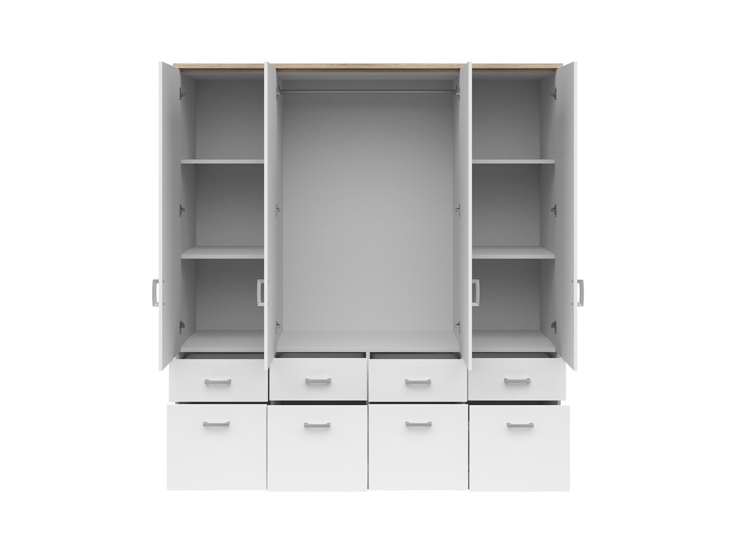 Brando 4 Wardrobe 181 cm – White Matt | Mirror Centre Doors | Hanging Rail | 8 Drawers | Shelves | Grey Textile Interior | 181×199×58 cm