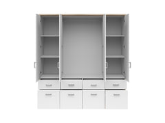 Brando 4 Wardrobe 181 cm – White Matt | Mirror Centre Doors | Hanging Rail | 8 Drawers | Shelves | Grey Textile Interior | 181×199×58 cm